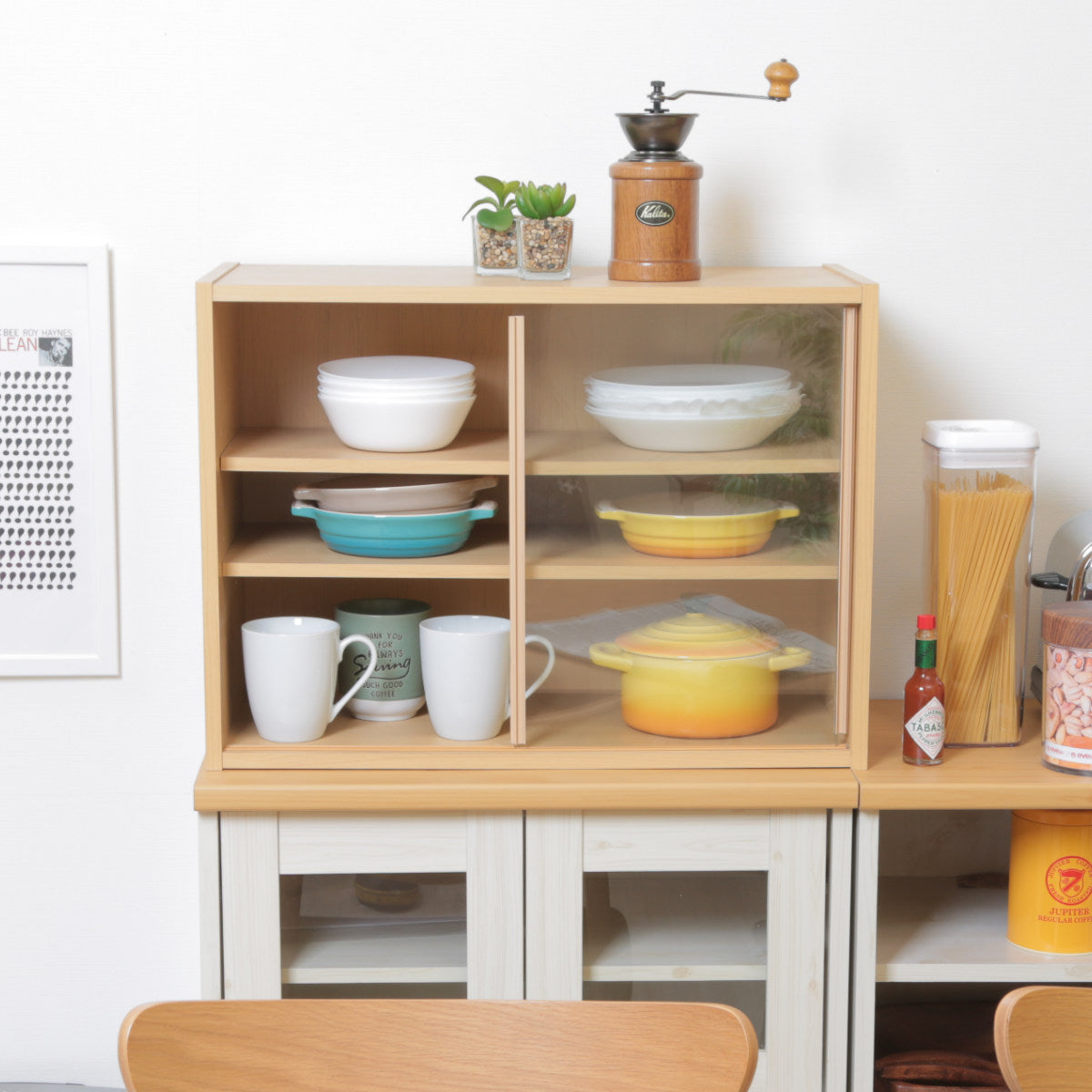 ミニ食器棚 幅60cm 3段 カップボード ガラス引き戸 – ハウジー