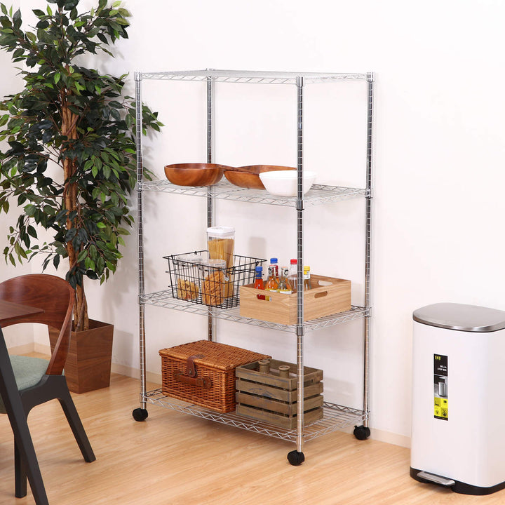 スチールラック幅90cm4段キャスター付メタルマルチシェルフ