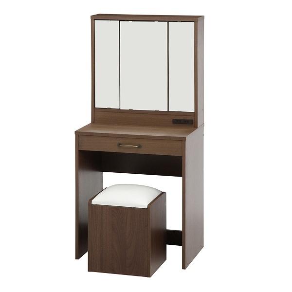 ドレッサースツールセット幅60cm三面鏡ミラー木目調テーブルコスメ収納コンセント付き