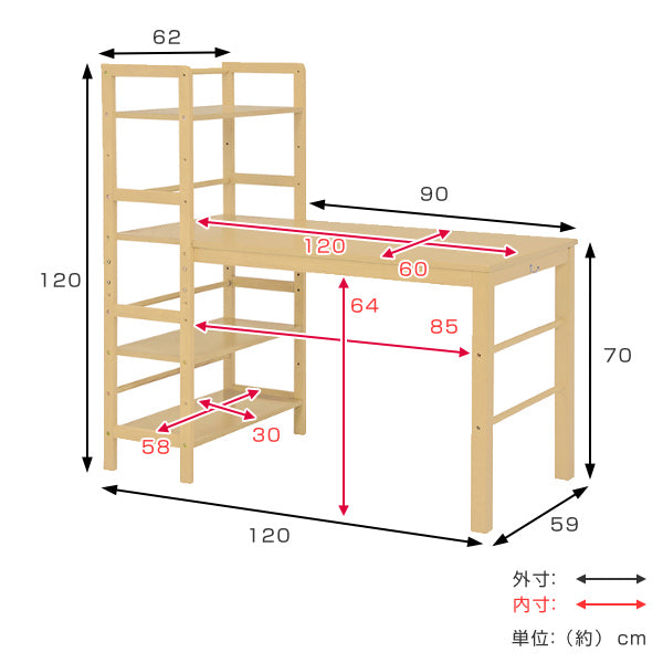 デスク幅120cmラック付き棚付き収納ラックワークデスク木製コンパクト