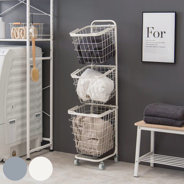 ランドリーワゴン3段スリム幅35cmスクエアバスケットランドリーラックバスケット付角型