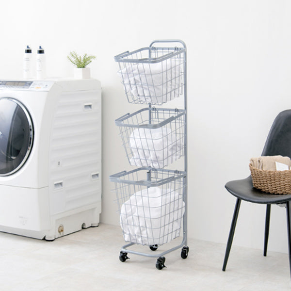 ランドリーワゴン3段スリム幅35cmスクエアバスケットランドリーラックバスケット付角型
