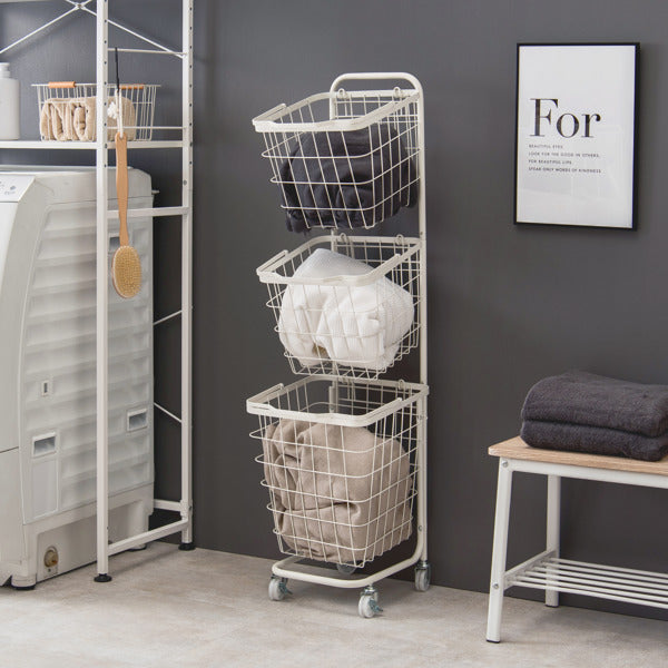 ランドリーワゴン3段スリム幅35cmスクエアバスケットランドリーラックバスケット付角型