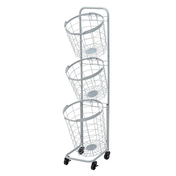 ランドリーワゴン3段スリム幅35cmラウンドバスケットランドリーラックバスケット付丸型