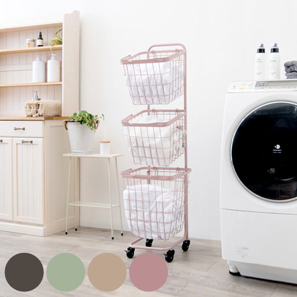 ランドリーワゴン3段スリム幅35cmスクエアバスケットランドリーラックバスケット付ニュアンスカラー角型