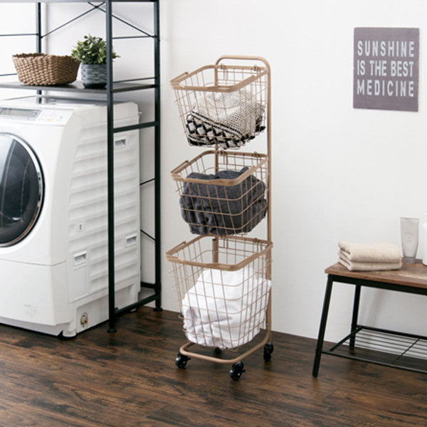 ランドリーワゴン3段スリム幅35cmスクエアバスケットランドリーラックバスケット付ニュアンスカラー角型