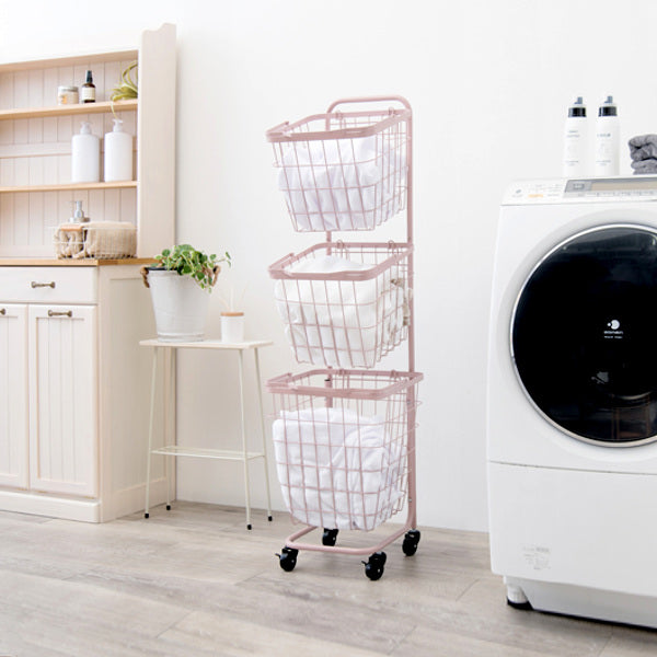 ランドリーワゴン3段スリム幅35cmスクエアバスケットランドリーラックバスケット付ニュアンスカラー角型