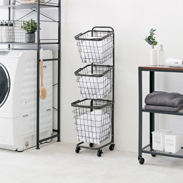 ランドリーワゴン3段スリム幅35cmスクエアバスケットランドリーラックバスケット付ニュアンスカラー角型