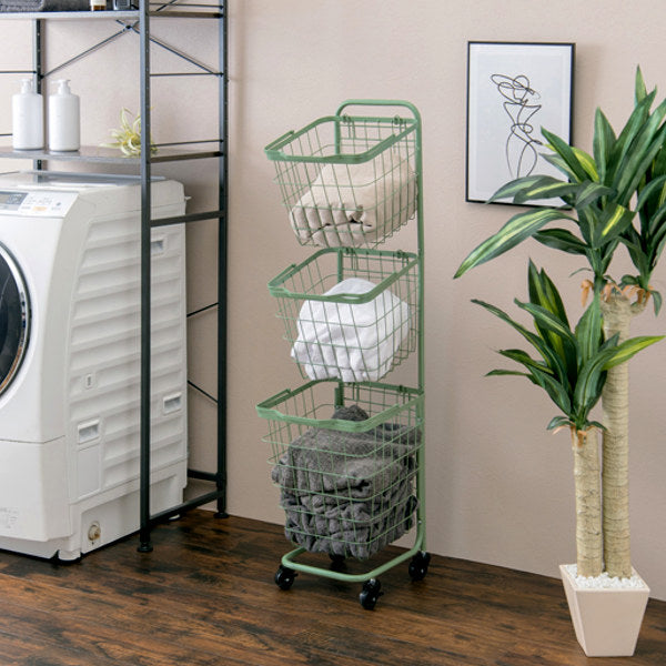 ランドリーワゴン3段スリム幅35cmスクエアバスケットランドリーラックバスケット付ニュアンスカラー角型