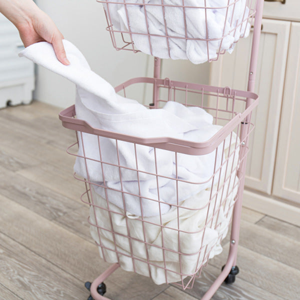 ランドリーワゴン3段スリム幅35cmスクエアバスケットランドリーラックバスケット付ニュアンスカラー角型