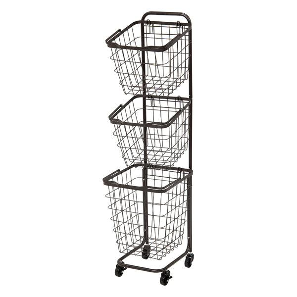 ランドリーワゴン3段スリム幅35cmスクエアバスケットランドリーラックバスケット付ニュアンスカラー角型