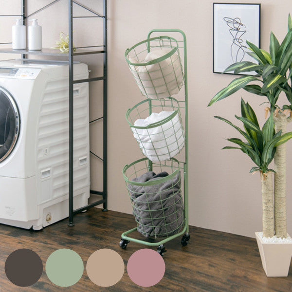ランドリーワゴン3段スリム幅35cmラウンドバスケットランドリーラックバスケット付ニュアンスカラー丸型