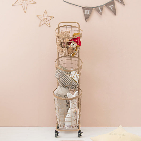 ランドリーワゴン3段スリム幅35cmラウンドバスケットランドリーラックバスケット付ニュアンスカラー丸型