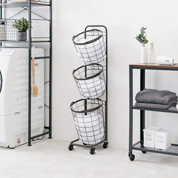 ランドリーワゴン3段スリム幅35cmラウンドバスケットランドリーラックバスケット付ニュアンスカラー丸型