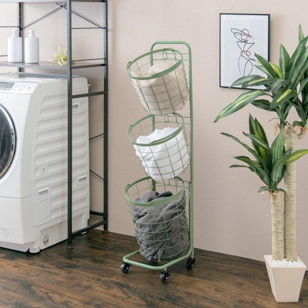 ランドリーワゴン3段スリム幅35cmラウンドバスケットランドリーラックバスケット付ニュアンスカラー丸型
