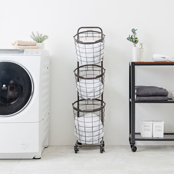 ランドリーワゴン3段スリム幅35cmラウンドバスケットランドリーラックバスケット付ニュアンスカラー丸型