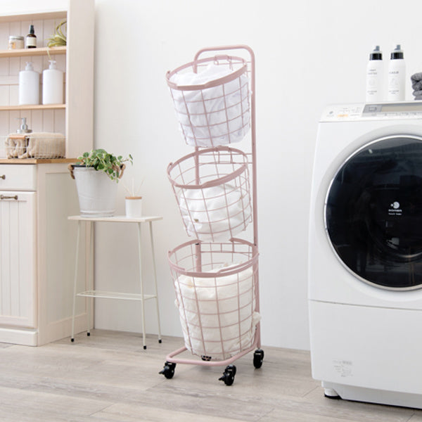 ランドリーワゴン3段スリム幅35cmラウンドバスケットランドリーラックバスケット付ニュアンスカラー丸型