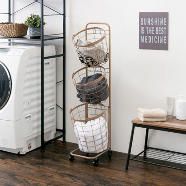 ランドリーワゴン3段スリム幅35cmラウンドバスケットランドリーラックバスケット付ニュアンスカラー丸型