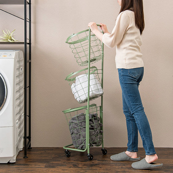 ランドリーワゴン3段スリム幅35cmラウンドバスケットランドリーラックバスケット付ニュアンスカラー丸型