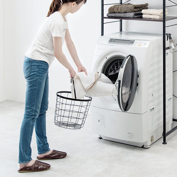 ランドリーワゴン3段スリム幅35cmラウンドバスケットランドリーラックバスケット付ニュアンスカラー丸型