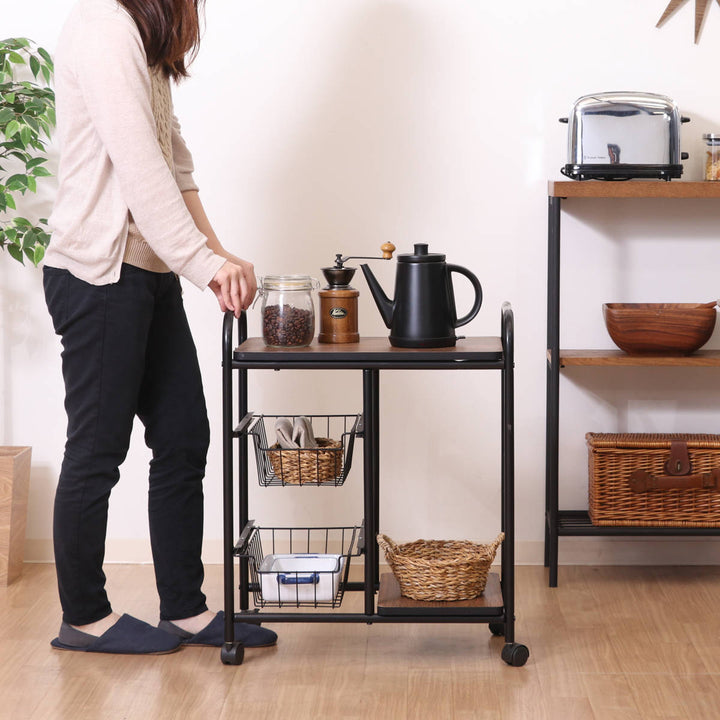 キッチンワゴン幅56cmスチールフレームスライドカゴ付