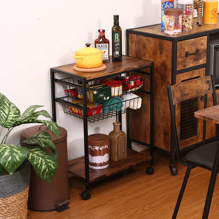 キッチンワゴン幅52cmブルックリン調スチールフレームスライドカゴ付