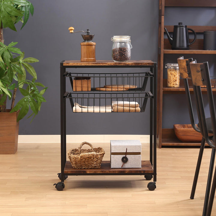 キッチンワゴン幅52cmブルックリン調スチールフレームスライドカゴ付