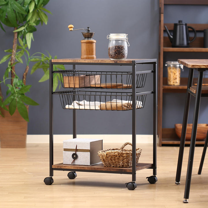 キッチンワゴン幅52cmブルックリン調スチールフレームスライドカゴ付