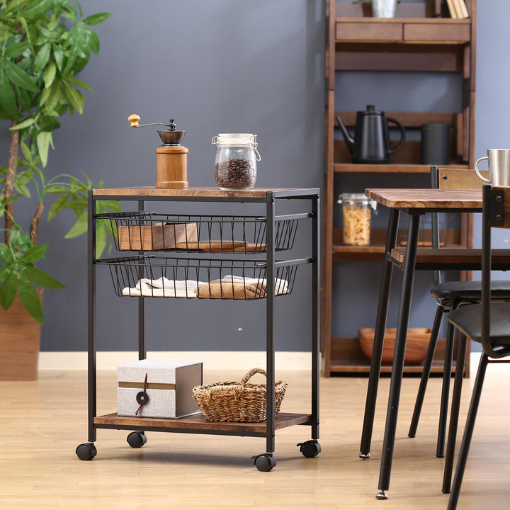 キッチンワゴン幅52cmブルックリン調スチールフレームスライドカゴ付