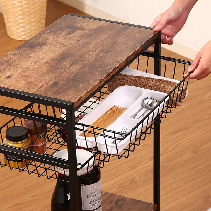 キッチンワゴン幅52cmブルックリン調スチールフレームスライドカゴ付