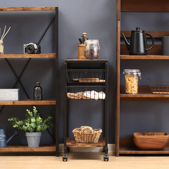 キッチンワゴン幅52cmブルックリン調スチールフレームスライドカゴ付