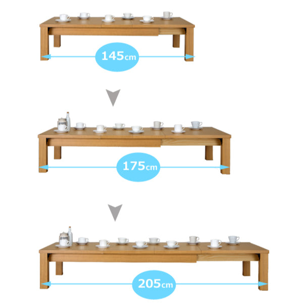 リビングテーブル伸縮幅145～205cm8人用伸縮ローテーブル折れ脚座卓