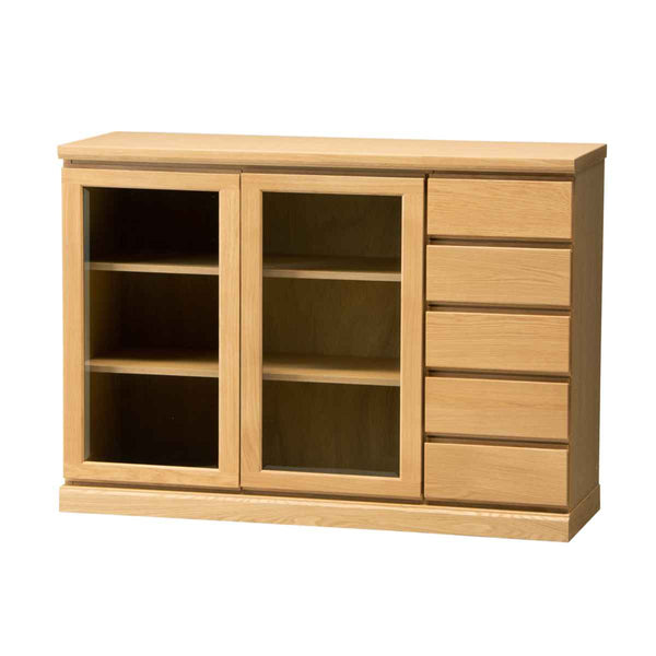 サイドボード両開きガラス扉引出し5段天然木FIGARO幅120cm