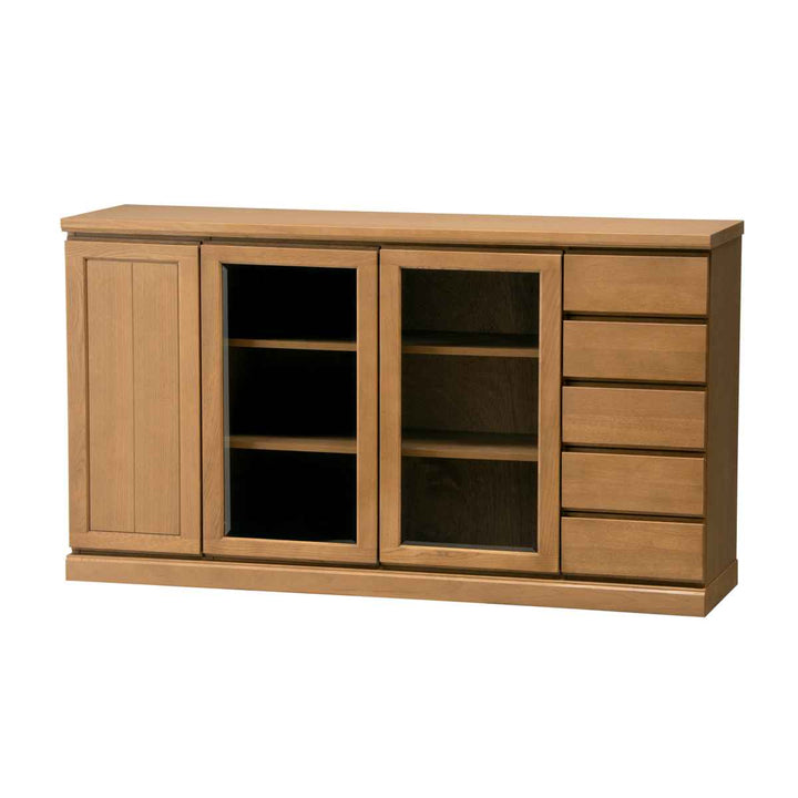 サイドボード3枚扉ガラス扉引出し5段天然木FIGARO幅153cm