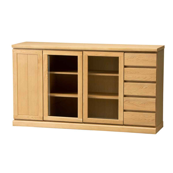 サイドボード3枚扉ガラス扉引出し5段天然木FIGARO幅153cm