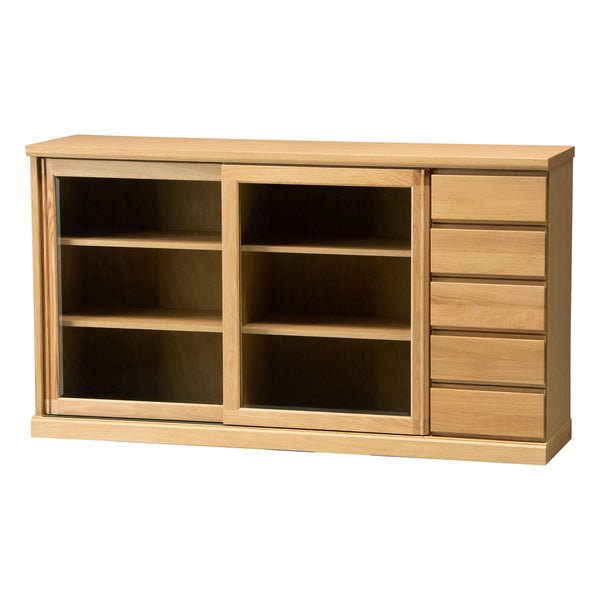 サイドボードスライドガラス扉引出し5段天然木FIGARO幅153cm