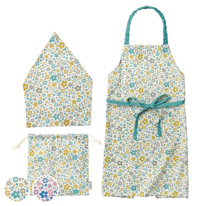 エプロンキッズ3点セット綿100％ポケット付きリサ花柄
