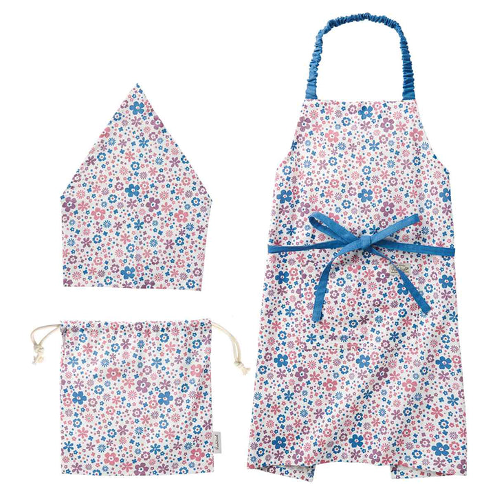 エプロンキッズ3点セット綿100％ポケット付きリサ花柄