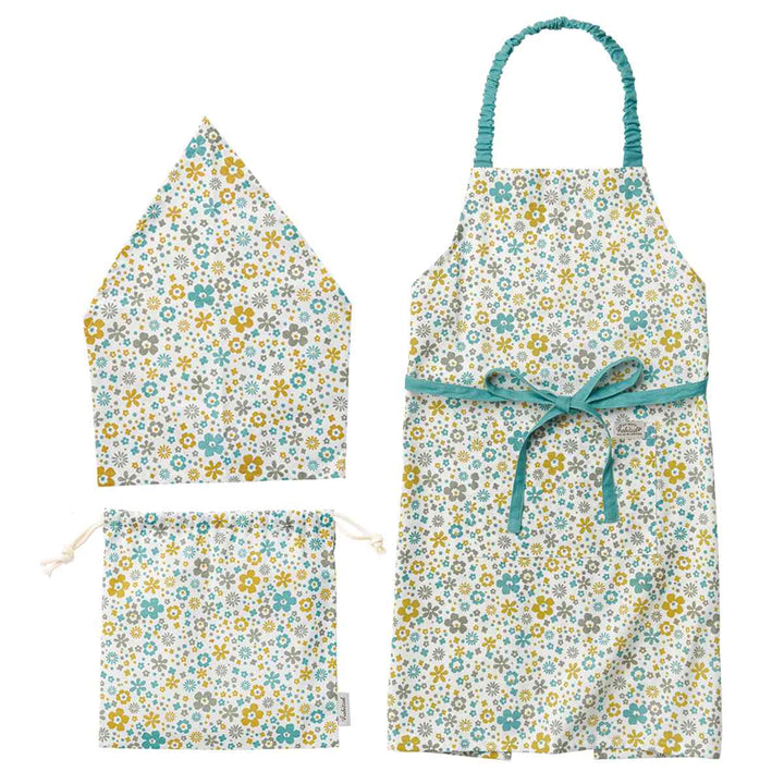 エプロンキッズ3点セット綿100％ポケット付きリサ花柄