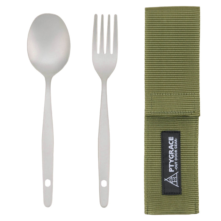 アウトドアカトラリースプーン＆フォークセット大サイズチタン製収納ケース付プリグレース