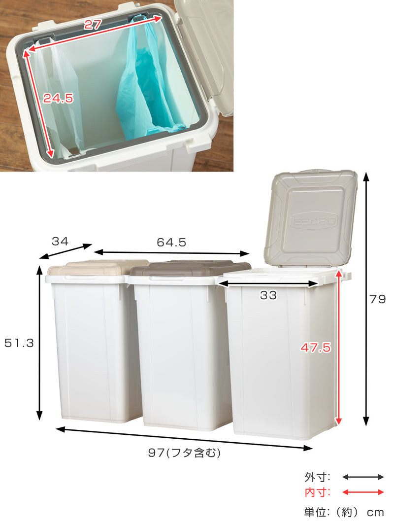 ゴミ箱33L×3色入屋内外兼用ジョイント式分別用ペールBSDBO