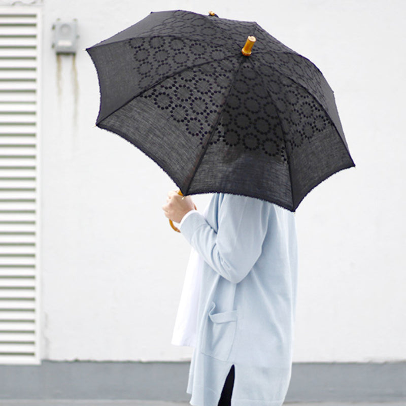 日傘SURMER長傘麻刺繍輪っか水玉ブラック日本製