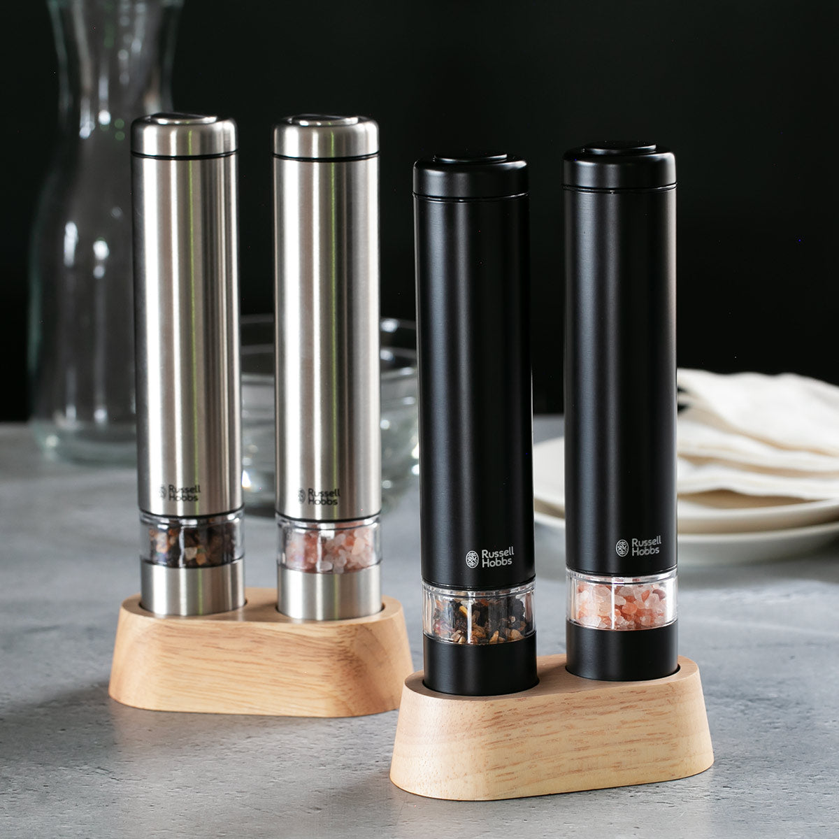 Russell Hobbs 電動ミル ミニ 2本セット 木製スタンド付き ソルト