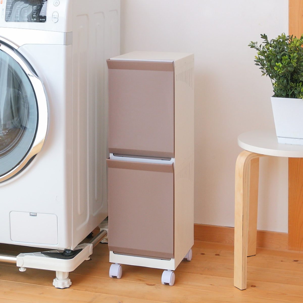 ブラウンとホワイトの洗濯物入れ ランドリーボックス Clevan Half 2段 ランドリーラック 洗濯かご