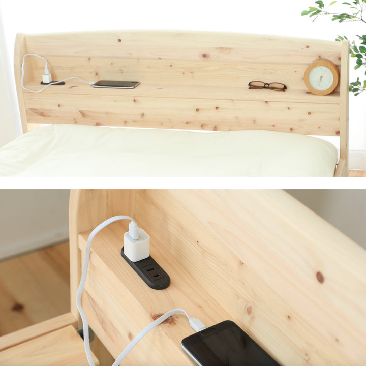 繊細すのこベッドセミダブル国産ひのき宮棚2口コンセント付6本脚日本製