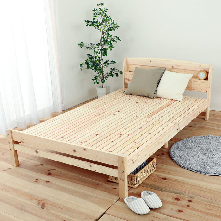 繊細すのこベッドセミダブル国産ひのき宮棚2口コンセント付6本脚日本製