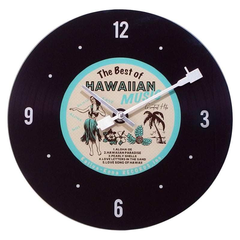 掛け時計 ガラスウォールクロック ハワイアンレコード 直径30cm 電池式