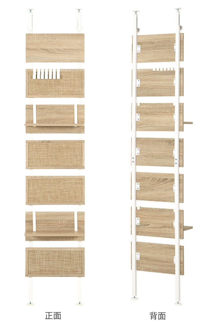 突っ張りウォールラック幅40cmラタン調木目調ラダーラック棚板2枚フック付