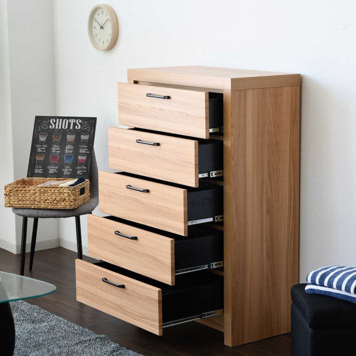 チェスト5段オーク柄ナチュラルデザイン約幅80cm