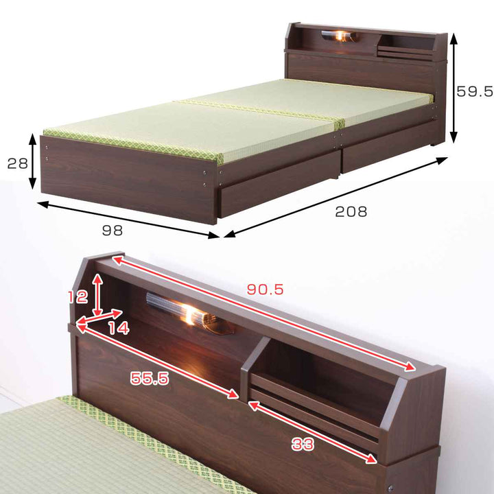 畳ベッドシングルロータイプ床面高28cm引出し2杯大容量収納宮棚付日本製